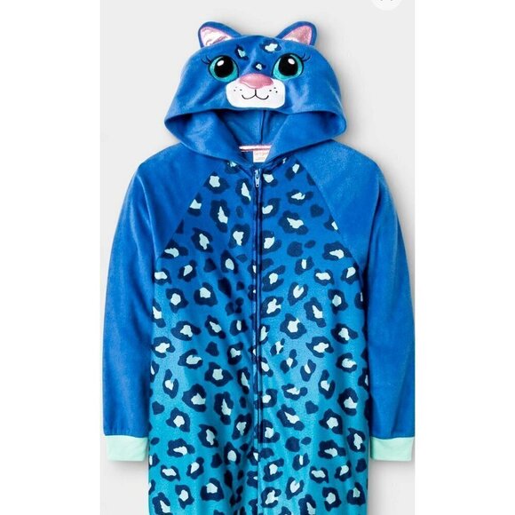 Cat And Jack Girls Spotted Dino Hooded One Pc Fleece Pajamas  size L(10-12) - Picture 2 of 7